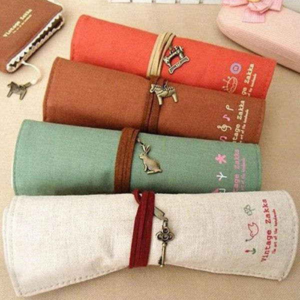 

vitange pencil case canvas bag holder wrap roll up stationery pen brushes makeup pencil case pouch school purse estuche escolar