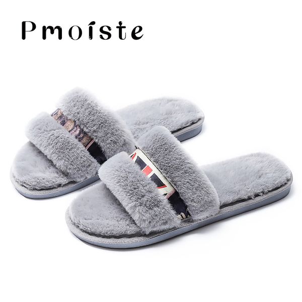 

women's slippers winter riband tpr warm fur slippers for girls short plush solid walking indoor woman, Black