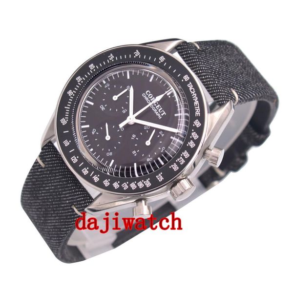 

40mm corgeut black dial leather strap multifunction quartz mens watch full chronograph, Slivery;brown