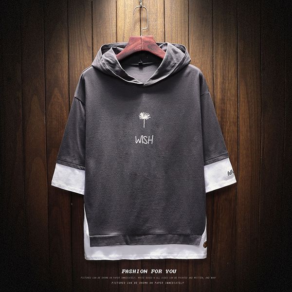 

new summer cotton t-shirt male hooded false two loose letters embroidery patchwork short sleeve t shirts men casual tees m-5xl, White;black