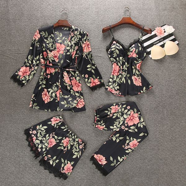 

4 pieces ladies silk satin sleepwear set floral pajama set fashion nightwear robe+slip pant+shorts solf homewear, Black;red