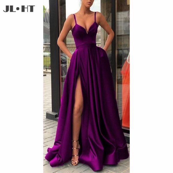 

in stock evening dresses long with pockets spaghetti straps v-neck prom dress satin front slit a-line evening gowns, White;black