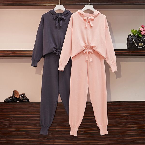 

women warm tracksuit solid color two piece knitted suit hooded sweater and harem pant autumn winter casual matching set outfits, White