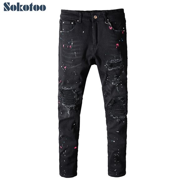 

sokotoo men's painted black pleated biker jeans for motorcycle slim fit ripped stretch denim pants, Blue