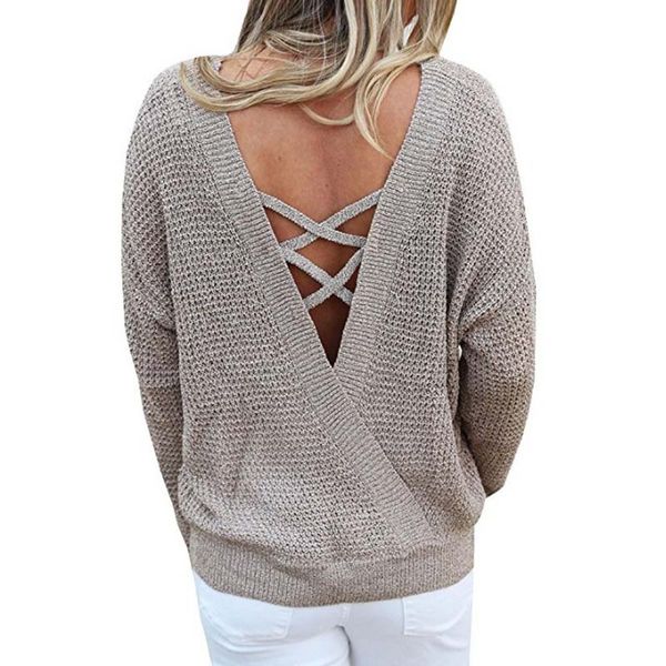 

autumn backless knitted sweater women pullovers lace-up striped bandage knitwear long jumper female winter loose sweater 38, White;black