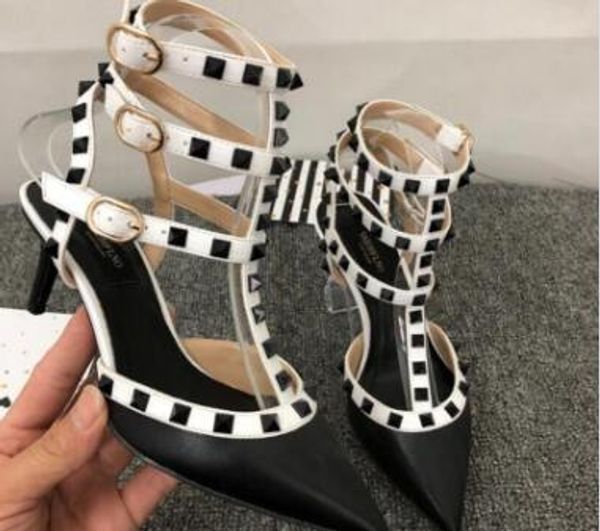 

2019 new style women high heels sandals thin heels pointed toe rivet sandals gold/silver women wedding shoes party shoes 35-43, Black