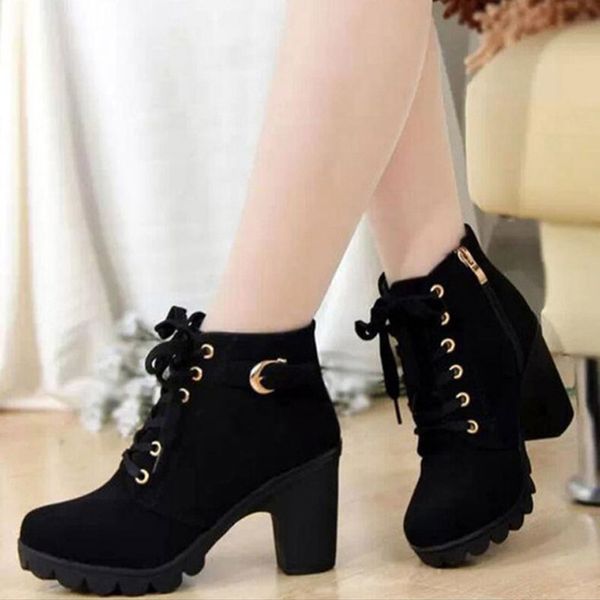 

shoes botas mujer 2018 winter high heel quality pu boot cottonzip round toe laceup ankle boots for women mx190801 mx190805, Black