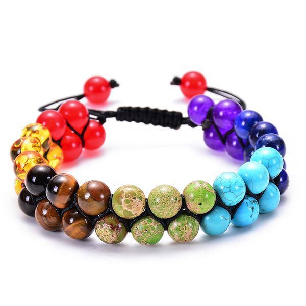 

New Colorful Seven Chakra Beads Double Row Bracelet Double Knit Lovers Natural Stone Bangles Bracelet Jewelry