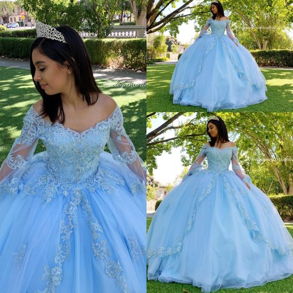 

небесно-голубой кружева из бисера урожай quinceanera пром платья v-образным вырезом с длинными рукавами бальное платье тюль длина пола пром, Blue;red