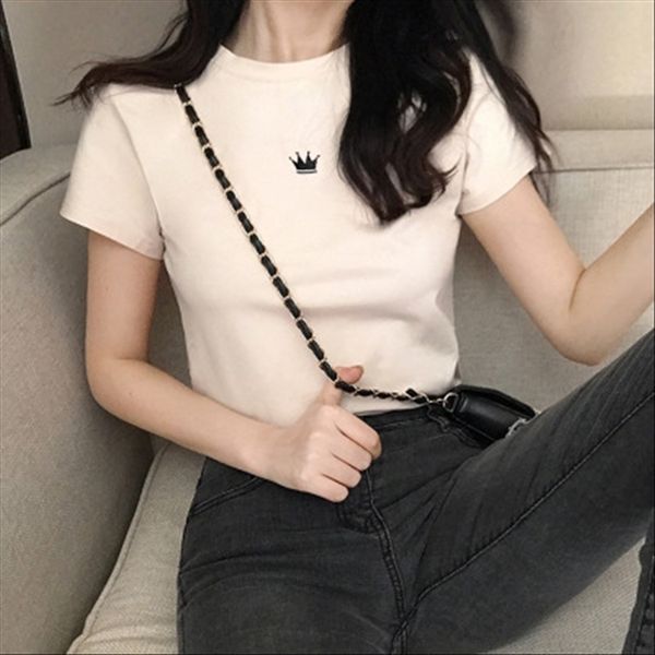 

2020 embroidery crown short-sleeved t-shirt slim and slim student versatile base shirt women's wear show figure, White