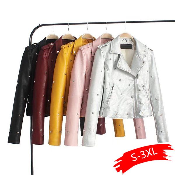 

women with rivets autumn leather jacket streetwear motocycle fashion female 2019 faux outwear coat 5 color available, Black
