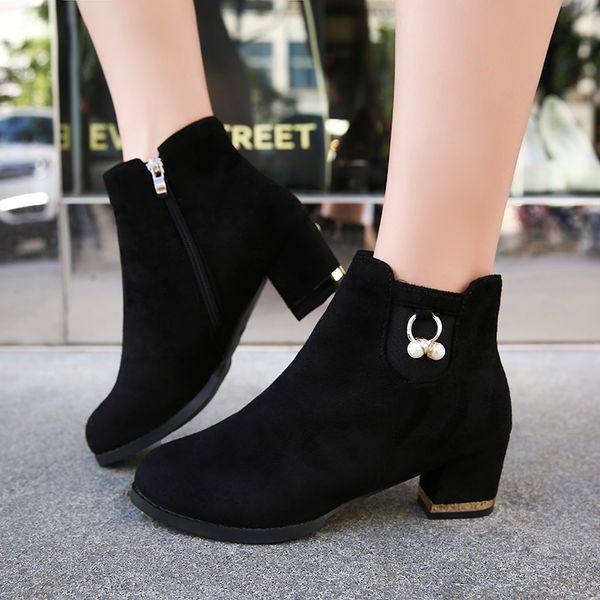 

fashion pearl ankle boots for women shoes woman zipper warm plush winter boots block high heels black flock botas mujer