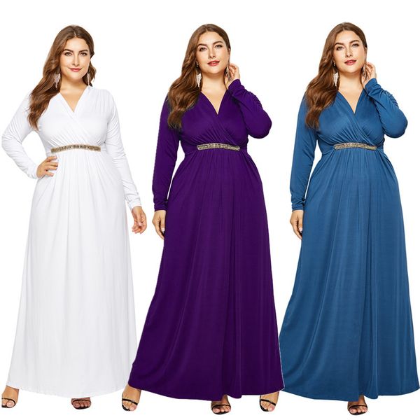 

long skirt winter skirt woman clothes women's long-sleeved stitching large size deep v-neck fat dress 270, Black;gray