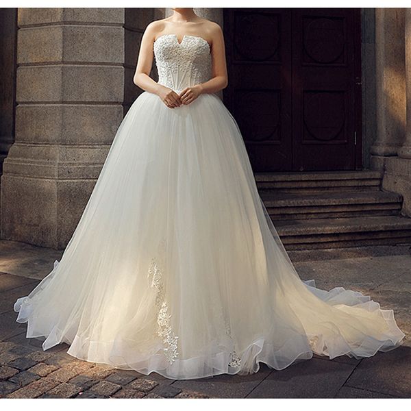 Trägerloses Ballkleid-Hochzeitskleid Champagner/Elfenbein/Weiß Brautkleider Sexy Tüll mit applizierten Perlen Brautkleider
