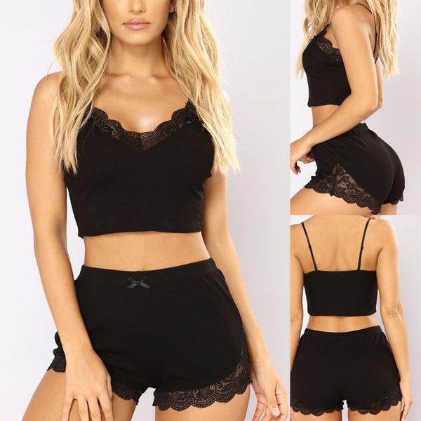 

2019 new pyjamas women modal v-neck lace bow sleepwear backless camisole shorts set pajamas sleepwear lingerie pyjama femme, Black;red