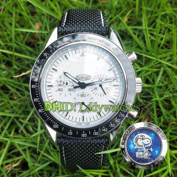 

snoopy watch sport mens designer watches apollo 13 limited chronograh quartz wristwatches white dial snoopy back case luxury watch wholesale, Slivery;brown