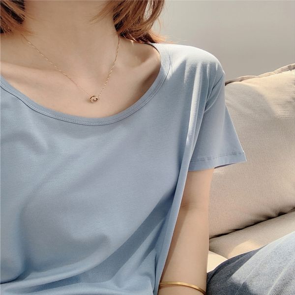 

clavicle smooth silk cotton large u-collar short-sleeved t-shirt female 2020 loose slim base shirt, White
