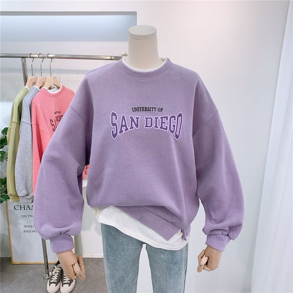 

solid patchwork letter sweatshirt women long sleeve soft cotton hoodie pullover 2020 fashion loose casual coat outerwear teen, Black