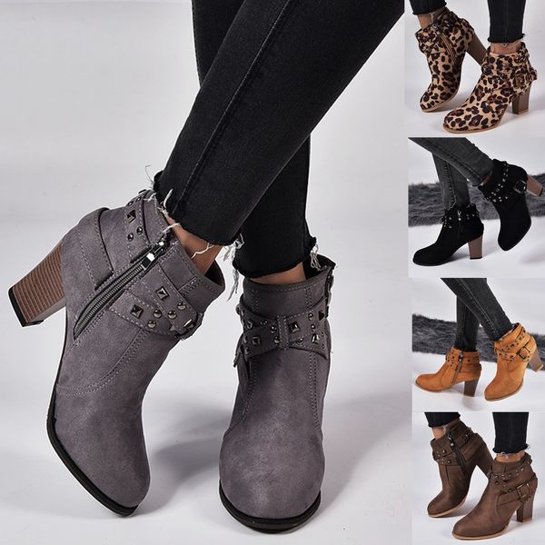 

fashion women suede suqare high heels boots women high heels zipper rivets short booties round toe shoes woman botas de mujer, Black