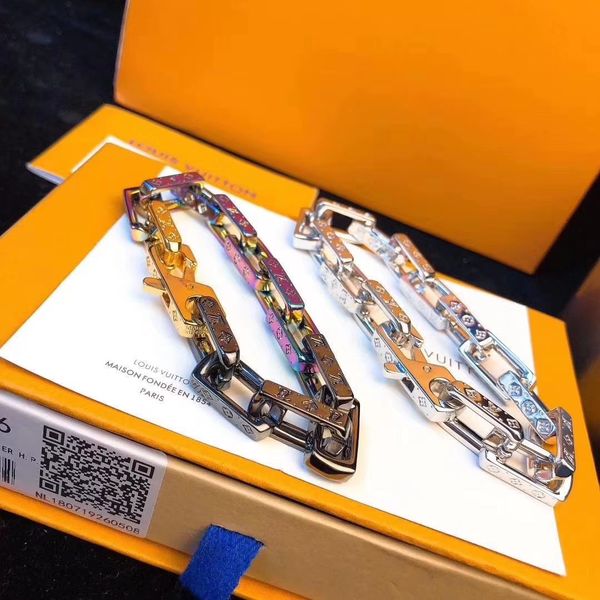 

new monogram men iced out stainless steel brand l women colorful bamboo bracelets rhinestone miami cuban chain hip hop v slub bracelet, Black
