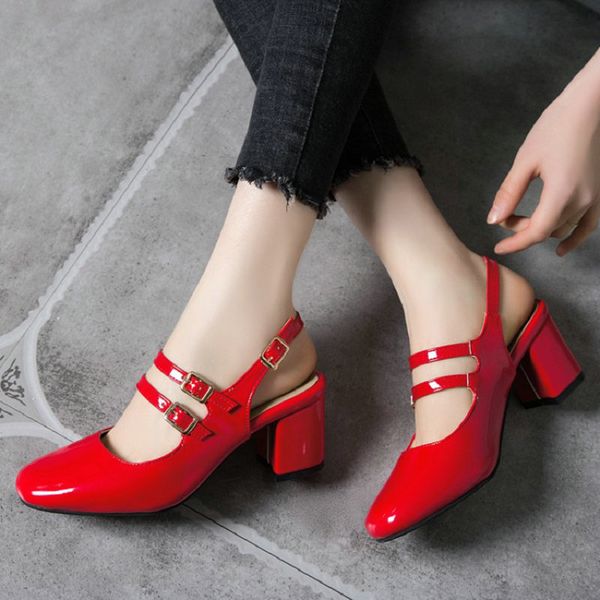 

zawsthia 2020 patent pu leather red beige chunky middle heels woman summer shoes slingback women sandals plus size 49 50 33-52, Black