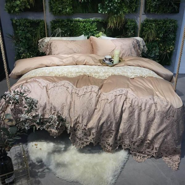 

34100s egyptian cotton champagne color lace embroidery bedding set  king size duvet cover bed linen bed sheet pillowcases