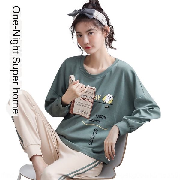 

jk4er super clothes set pullover home suit cotton season pajamas women's long sleeve trousers pullover cute large size cotton home clot, Blue;red