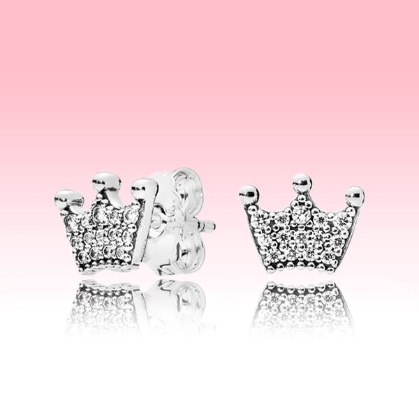 

925 silver small crown earrings cz diamond fashion jewelry with original box set for pandora pink crown stud earring, Golden;silver