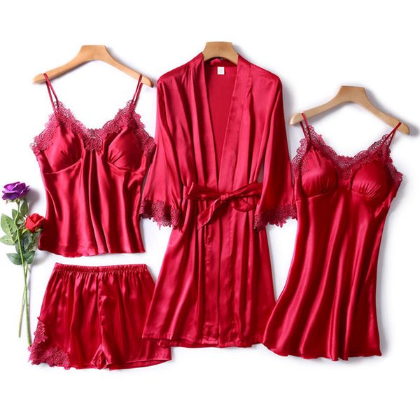 

july's song 4 piece pajamas set women faux silk dressing gown lace sling shorts summer robe sleepwear with chest pads, Black;red
