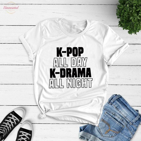 

k pop all day short k drama all night tshirt women korean south fashion kpop merch t shirt cotton short sleeve, White
