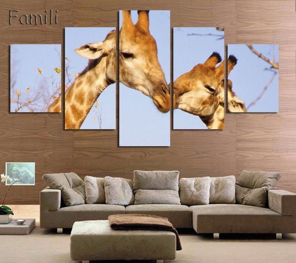 

5 панелей современная картина картины настенные картины картины маслом печать на холсте пара жираф модульные картины домашний декор безрамно