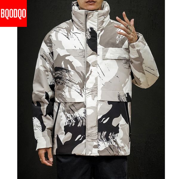 

camo warm men down jacket winter hooded korean japanese loose hip hop coat 90% white duck down streetwear snow jackets, Black