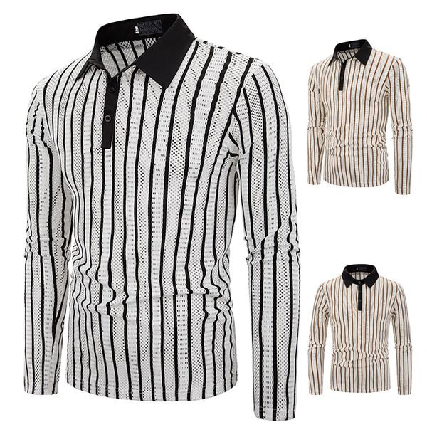

2019 long sleeve shirt men breathable hollow out poloshirts autumn slim casual vertical stripes homme camisa, White;black