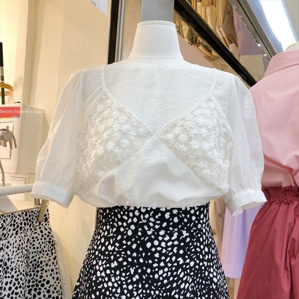 

2020 women's pure color round collar sweet pullover fake two-piece all-match pullover short-sleeved t-shirt female, White