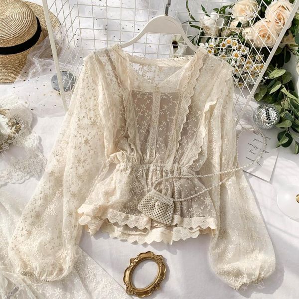 

autumn lace blouse shirt ladies french retro lantern sleeves lotus leaf lace shirts 2020, White