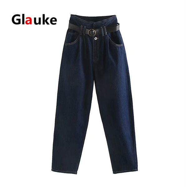 

glauke карманы лоскутное высокая талия джинсы женщины уличная прямая жан femme синий брюки-карго корейский сплошной пояс шаровары ло, Blue