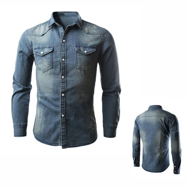 

men's blouse 2019 sleeve casual shirts retro denim shirt cowboy slim thin long 213, White;black