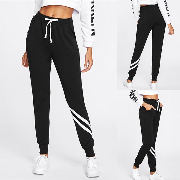 

sfit summer fashion running pants high waist breathable trousers women drawstring waist long workout yoga pant with pocket, Black;blue