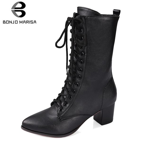 

bonjomarisa 32-47 fashion ladies lace-up high boots cool black pointed toe ankle boots women 2019 high heel shoes woman