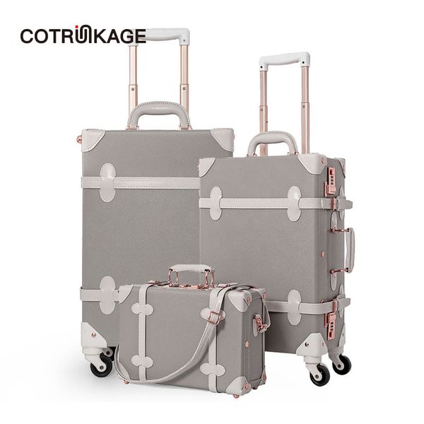 

cotrunkage 13" 20" 26" grey travel suitcase sets ladies pu leather 3 piece womens vintage trolley luggage trunk with wheels