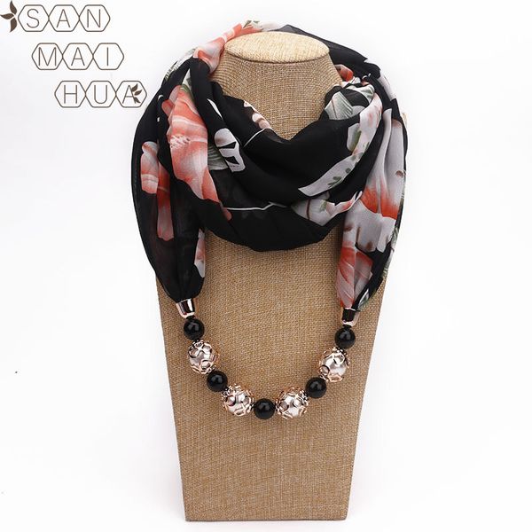 

multicolor chiffon print beaded pendant scarf elegant lady necklace foulard shawl muslim female warm hijab jewelry scarves, Blue;gray