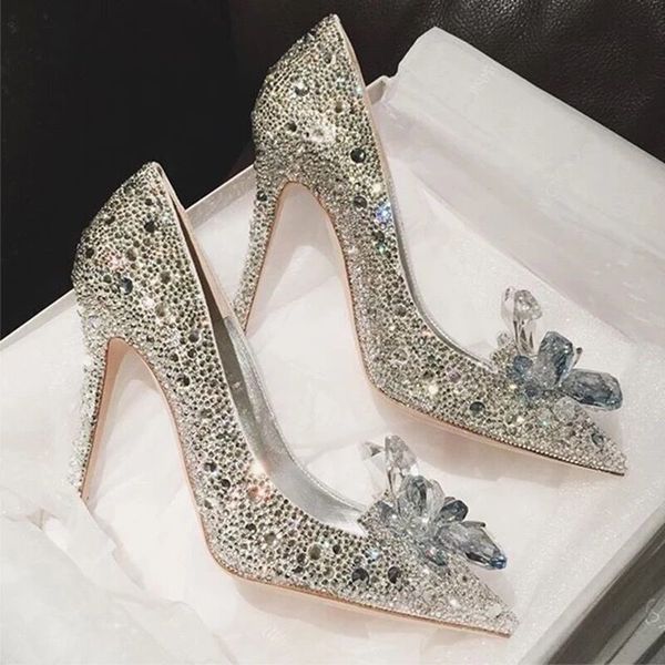 

2020 new rhinestone high heels cinderella shoes women pumps pointed toe woman crystal wedding shoes 5cm 7cm 9cm heel big size, Black