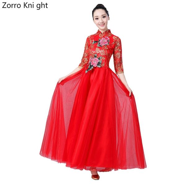 

new opening dance big swing skirt dance long skirt short sleeve summer square costume female modern costume, Black;red