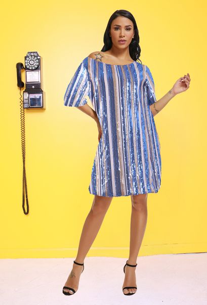 

Women Summer Sequins Striped Dresses Crew Neck Short Sleeve Designer Midi Female Clothing Fashion Party Style Casual Apparel
