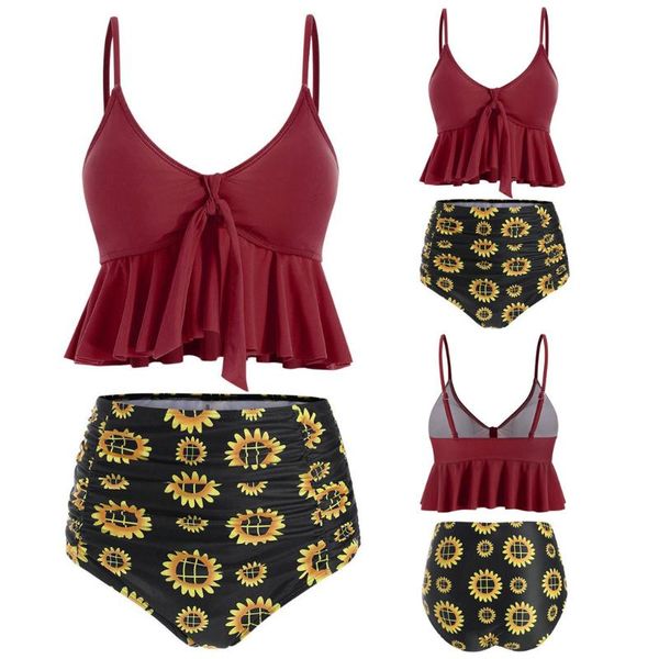 

2019 new high waist bikini swimwear women print swimsuit push up ruffle bikinis set women bandage bathing suit summer beachwear