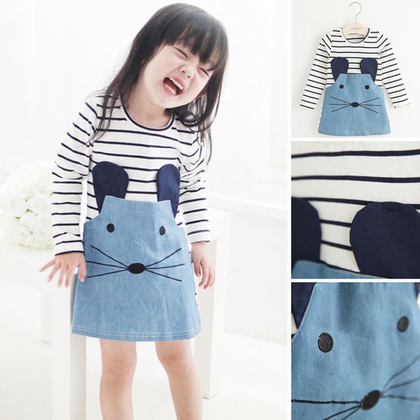 

striped patchwork character girl dresses long sleeve cute mouse children clothing kids girls dress denim kids clothes, Red;yellow