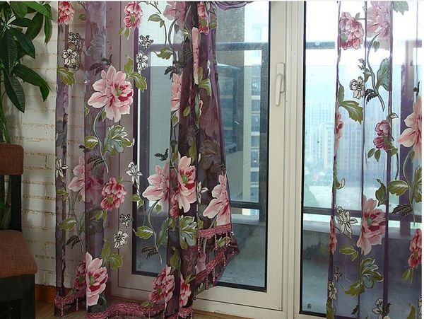 Sheer Curtains Purple Beige Big Peony Burnt Out Bedroom Living