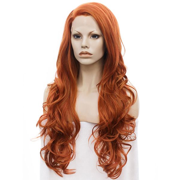 Long Wavy Auburn Orange Synthetic Lace Front Wigs For White Women