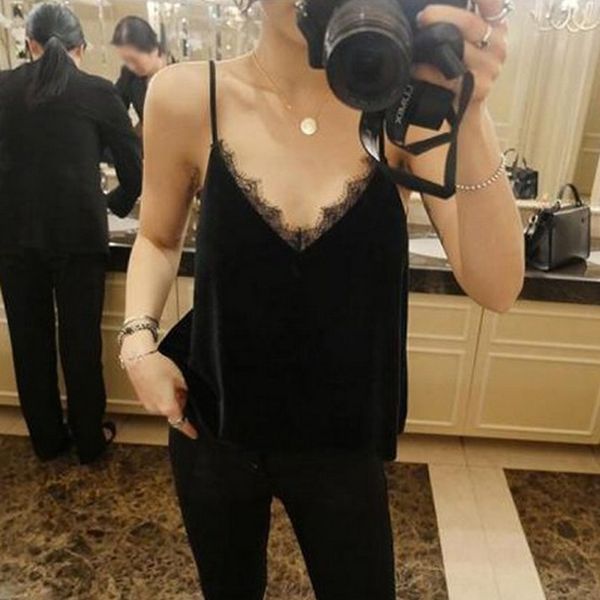 

2019 women's shirt black lace patckwork velvet camisole v neckline spaghetti strap fashion vest ladies casual cami tank top, Black;white