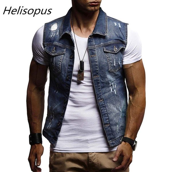 

men's vests helisopus men jeans coat classic slim fit hole vest 2021 autumn casual sleeveless denim, Black;white